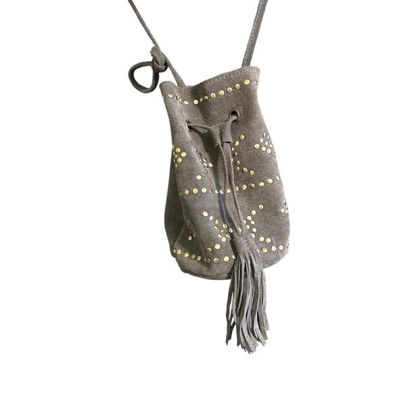 Suede Studded Crossbody Bucket Bag With Tassel Drawstring Design - Picture 2 of 2